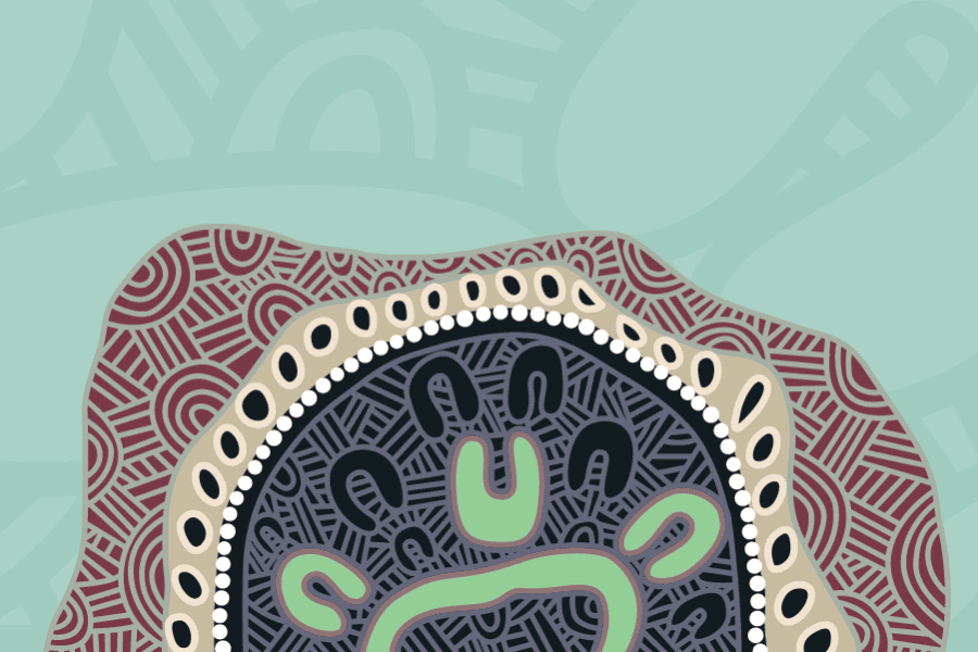 Colourful artwork titled 'Lore and Law' created by Luke Penrith, an Aboriginal man from Brungle who has connections to Wiradjuri, Wotjobaluk, Yuin and Gumbaynggirr nations. The artwork represents Legal Aid NSW’s work across all practice areas.