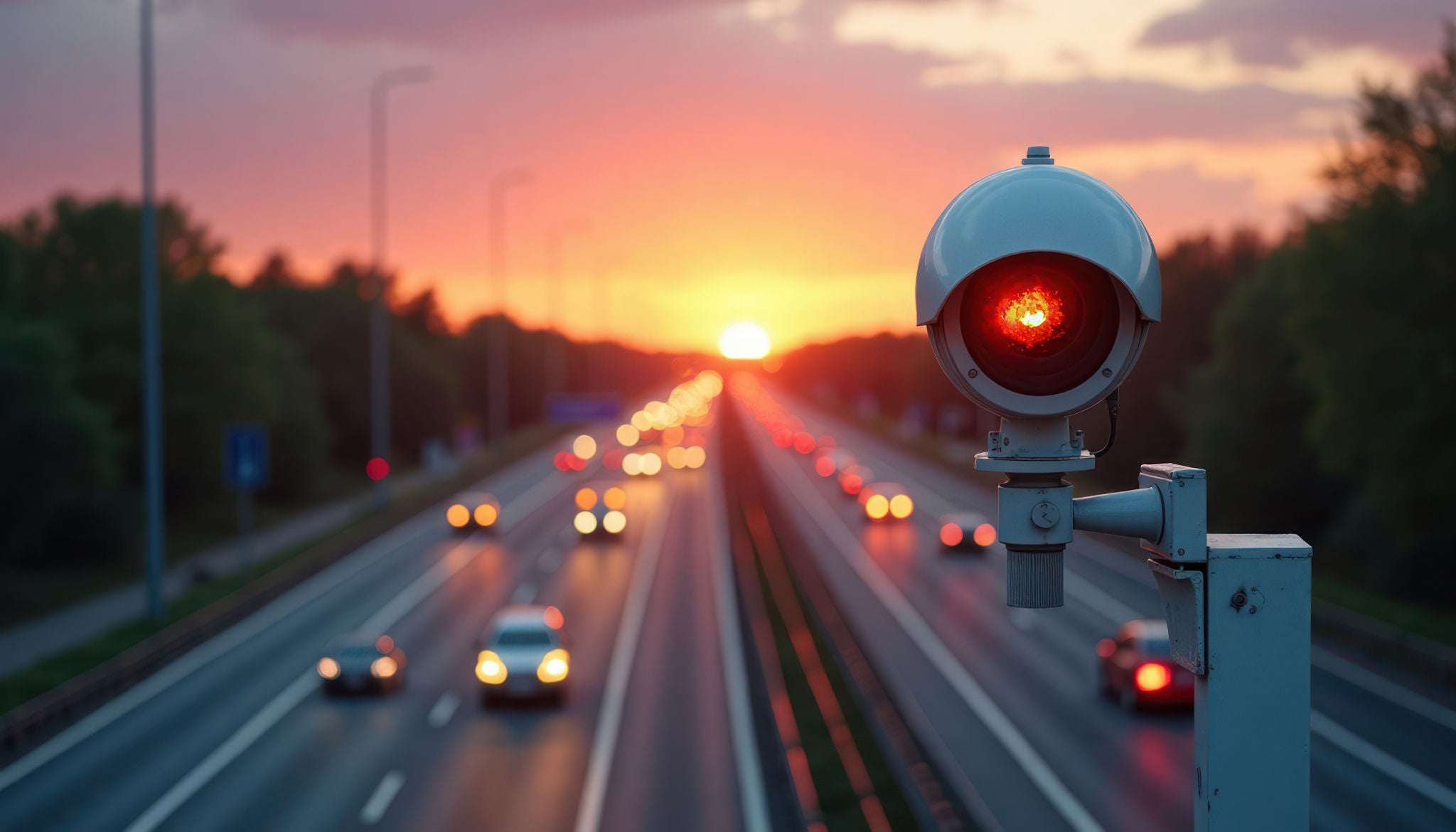Ring road speed camera monitors traffic flow on highway at sunset. Improved traffic safety key concept. Camera enforces speed limits. Automated enforcement system, improves compliance. Cars visible on