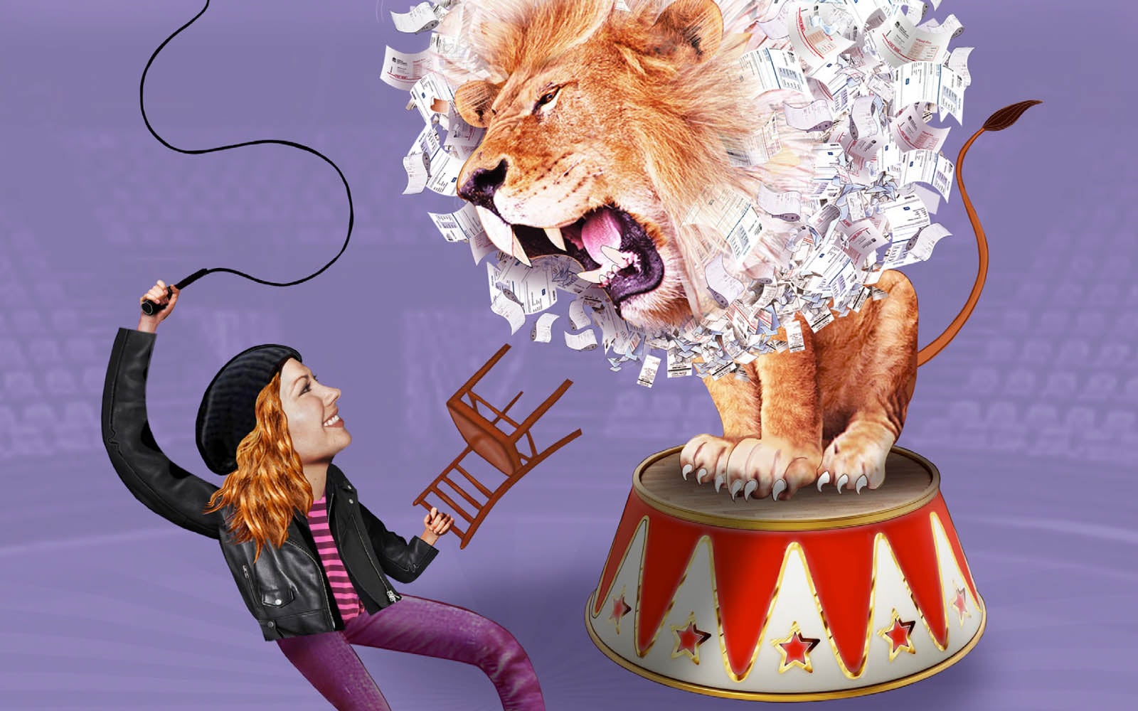 Cover art for part 2 of the 'Fined out' publication, featuring a woman taming a large lion, whose mane is made up of paper fines.