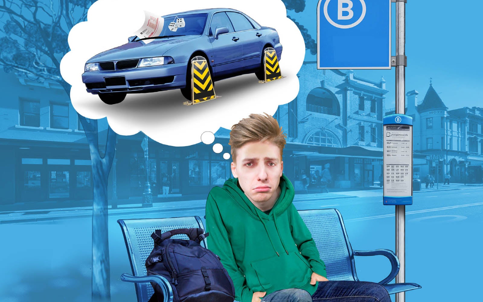 Cover art for part 4 of the 'Fined out' publication, featuring an unhappy man sitting at a bus stop, thinking about his impounded vehicle.