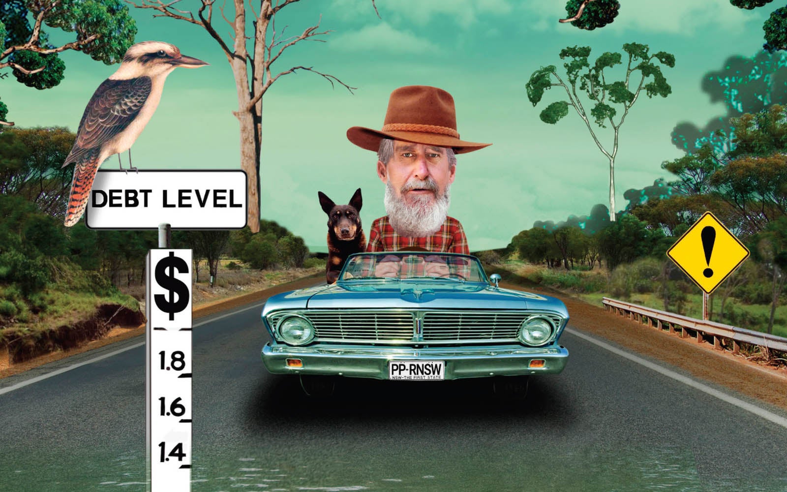Cover art for part 1 of the 'Fined out' publication, featuring a man and a dog driving in a car as the 'debt level' flood waters rise around them.