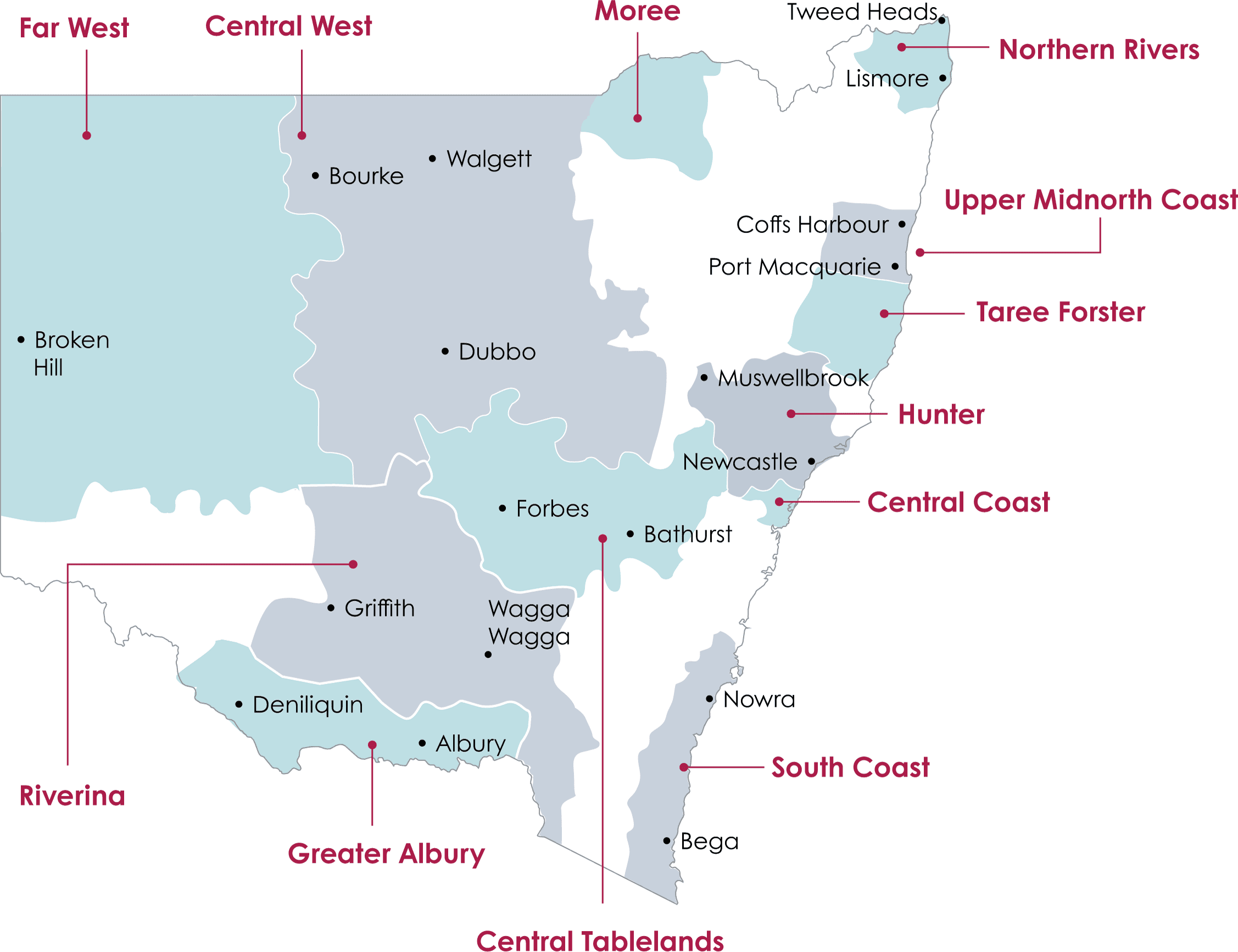 A map of New South Wales showing the various CLSD regional justice partnerships labelled in red.