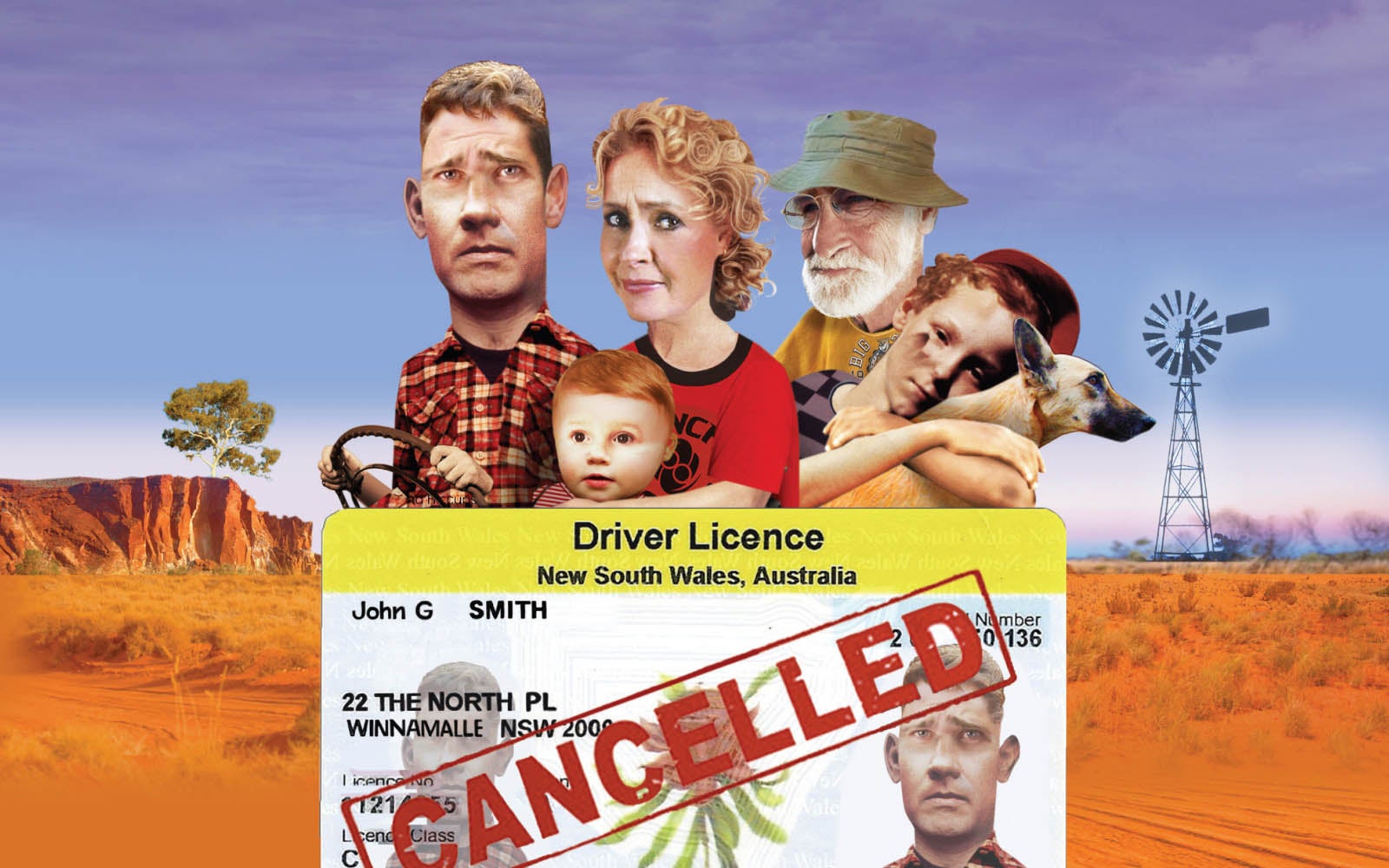 Cover art for part 7 of the 'Fined out' publication, featuring an unhappy family out in the bush, who are unable to travel due to a cancelled driver licence.
