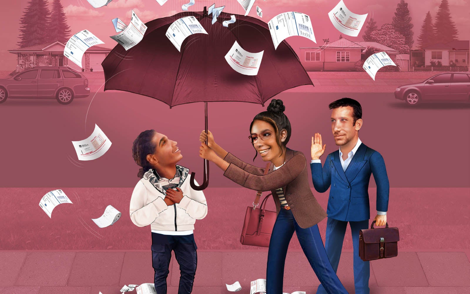 Cover art for part 6 of the 'Fined out' publication, featuring people protected under an umbrella as paper fines rain down on them.