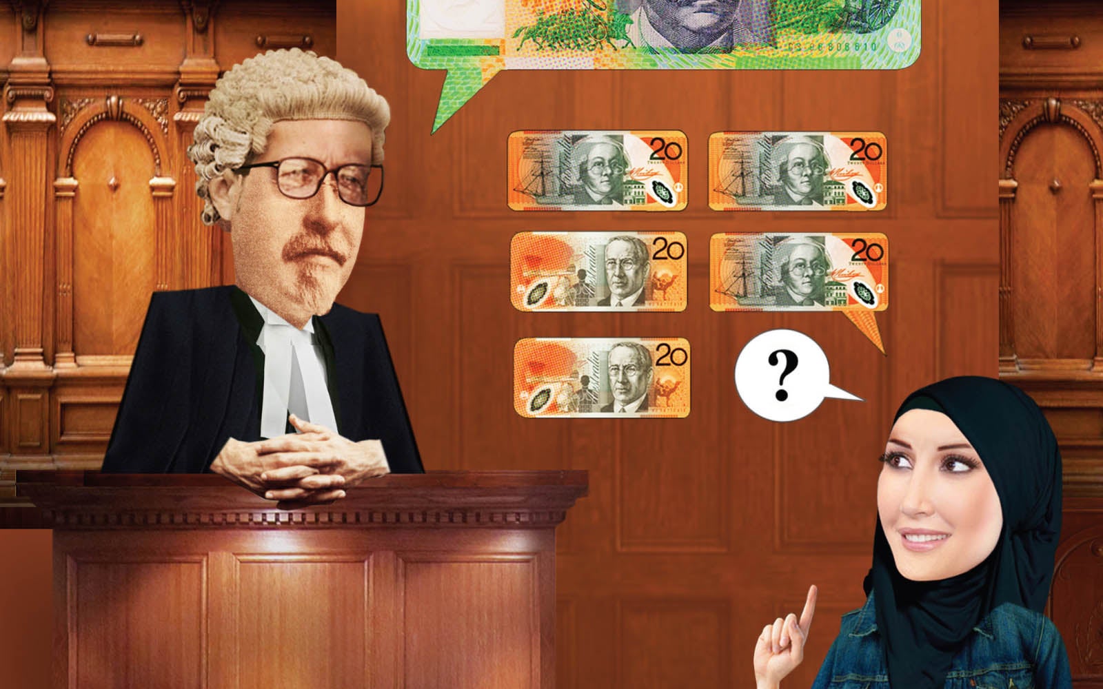 Cover art for part 3 of the 'Fined out' publication, featuring a woman in court, talking to a magistrate about fine repayments.