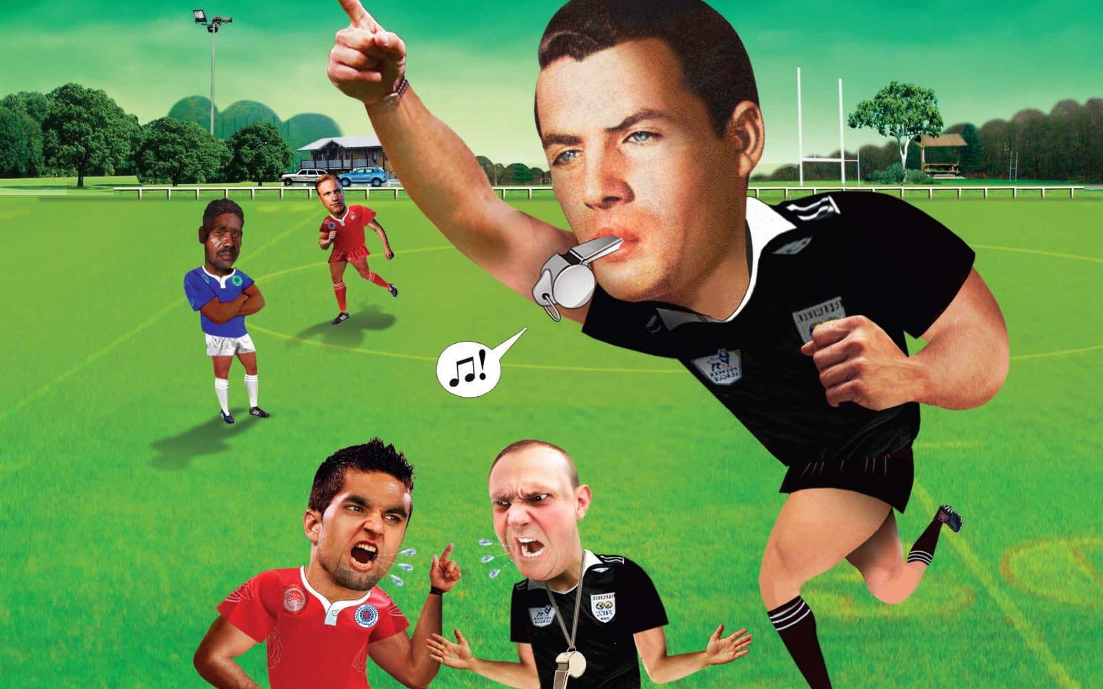 Cover art for part 8 of the 'Fined out' publication, featuring a football field with players who are arguing, as a referee attempts to intervene.