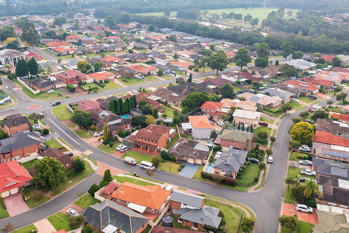 Drone aerial photograph of high density residential houses in the suburb of Glenmore Park in New South Wales, Australia