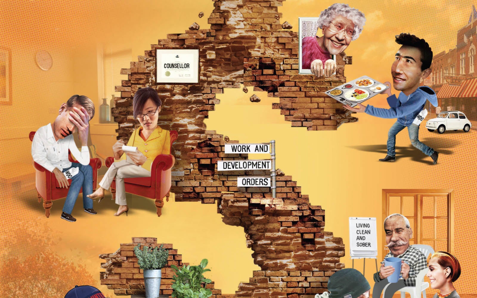 Cover art for part 5 of the 'Fined out' publication, featuring various people in work and development order scenarios.