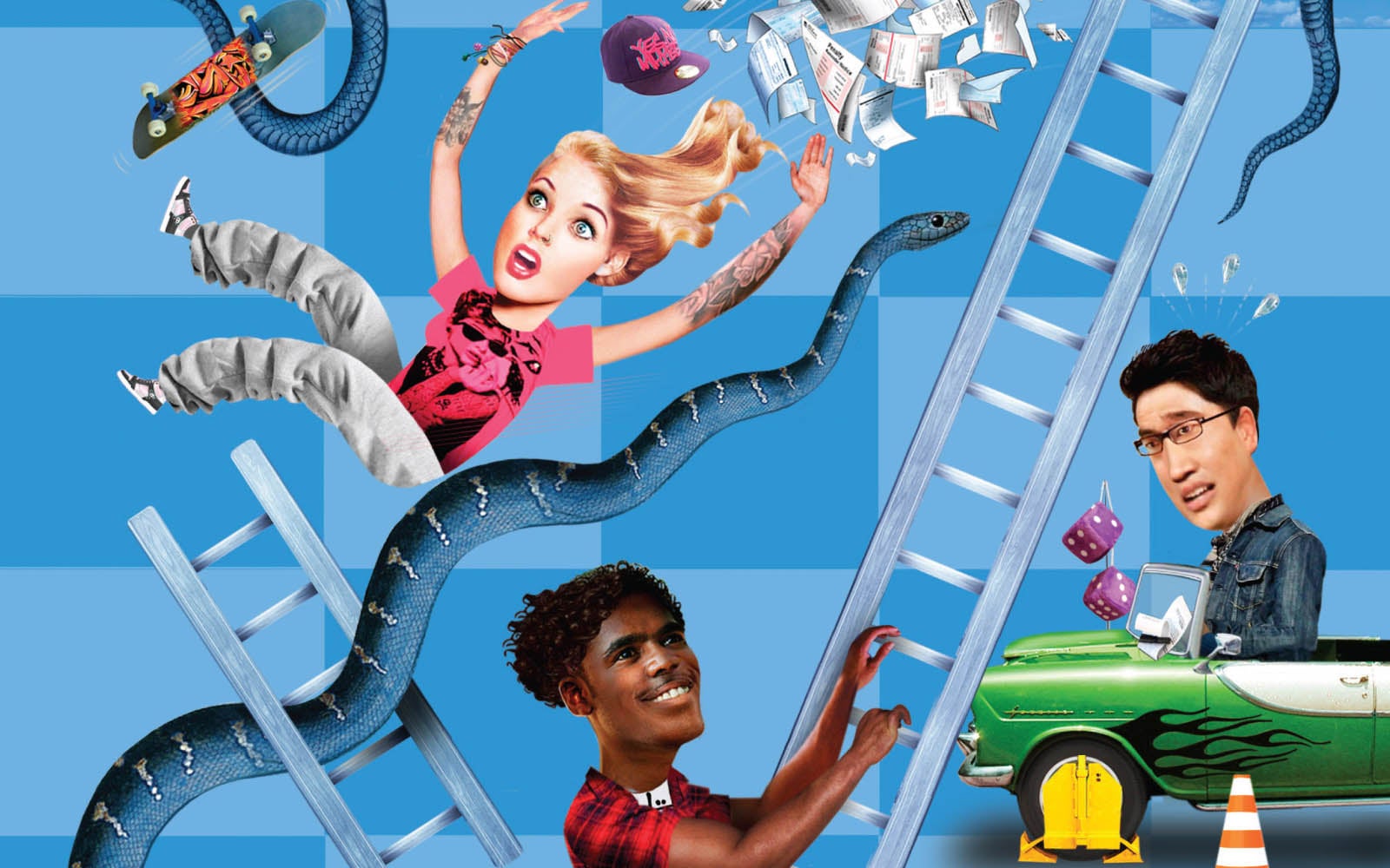 Cover art for part 9 of the 'Fined out' publication, featuring people in various fine-related scenarios on a snakes and ladder board game.