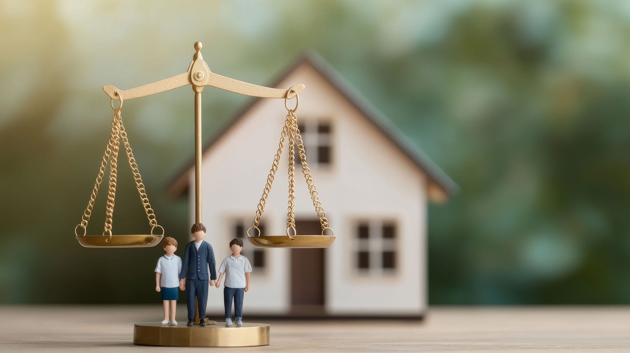 Concept of justice and family balance represented by a scale and figurines in front of a house, symbolizing legal matters and social equity.